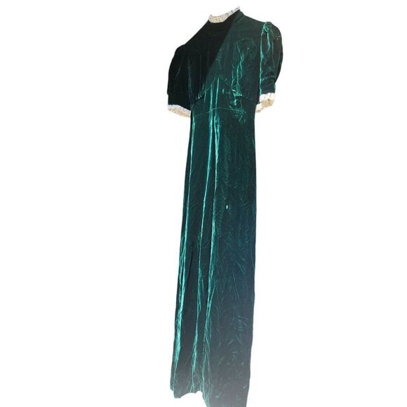 Vintage 1970s Dress Women's XS Green Emerald Velvet Long Maxi Lace Tie Waist - Picture 3 of 9
